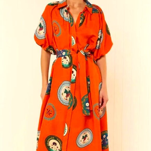 DEEP ORANGE RUST MAXI BUTTON DOWN HALF SLEEVE CIRCLES PRINT WAIST SASH DRESS - Picture 4 of 6